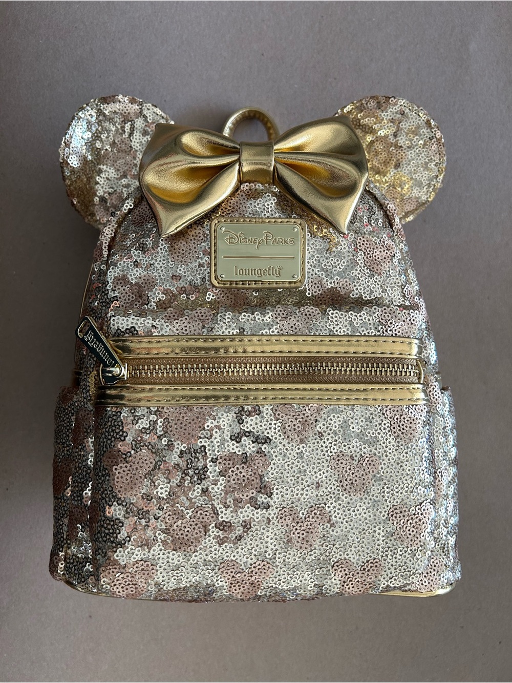 Loungefly Gold Sequin Minnie Ear Mini Backpack with Gold Bow Accent